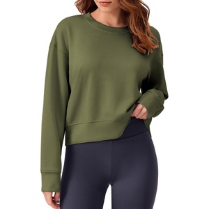 image:imagePINSPARK Soft Crewneck Cropped Sweatshirt for Women Long Sleeve Relaxed Lightweight Basic Crop Tops 2025Army Green