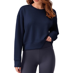 image:imagePINSPARK Soft Crewneck Cropped Sweatshirt for Women Long Sleeve Relaxed Lightweight Basic Crop Tops 2025Navy Blue