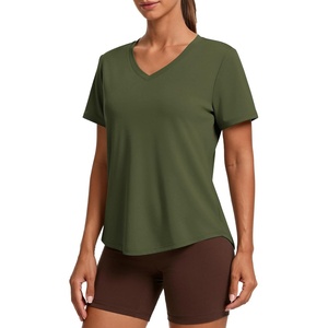 image:imagePINSPARK Soft Workout Tops for Women Short Sleeve V Neck Moisture Wicking UPF 50 Sun Protection Quick Dry Gym ShirtsArmy Green