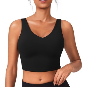 image:imagePINSPARK Sports Bras for Women Built in Bras Padded Yoga Bra V Neck Longline Workout Tank Tops with Removable PadsBlack