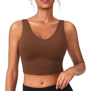 image:imagePINSPARK Sports Bras for Women Built in Bras Padded Yoga Bra V Neck Longline Workout Tank Tops with Removable PadsCoffee Brown