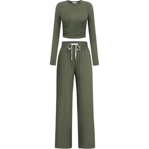 image:imagePINSPARK Women 2 Piece Lounge Set Long Sleeve Cropped Top Wide Leg Pants with Pockets 2024 Fall Outfits Matching TracksuitArmy Green