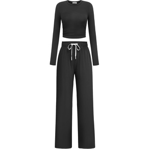 image:imagePINSPARK Women 2 Piece Lounge Set Long Sleeve Cropped Top Wide Leg Pants with Pockets 2024 Fall Outfits Matching TracksuitBlack
