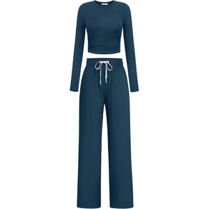 image:imagePINSPARK Women 2 Piece Lounge Set Long Sleeve Cropped Top Wide Leg Pants with Pockets 2024 Fall Outfits Matching TracksuitDark Blue