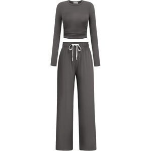 image:imagePINSPARK Women 2 Piece Lounge Set Long Sleeve Cropped Top Wide Leg Pants with Pockets 2024 Fall Outfits Matching TracksuitDark Grey
