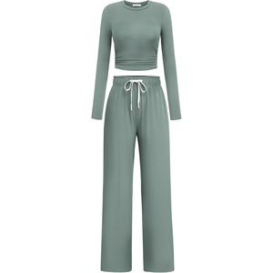 image:imagePINSPARK Women 2 Piece Lounge Set Long Sleeve Cropped Top Wide Leg Pants with Pockets 2024 Fall Outfits Matching TracksuitGrey Sage