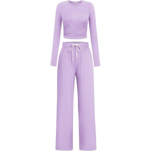 image:imagePINSPARK Women 2 Piece Lounge Set Long Sleeve Cropped Top Wide Leg Pants with Pockets 2024 Fall Outfits Matching TracksuitLavender