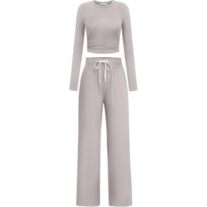 image:imagePINSPARK Women 2 Piece Lounge Set Long Sleeve Cropped Top Wide Leg Pants with Pockets 2024 Fall Outfits Matching TracksuitLight Grey