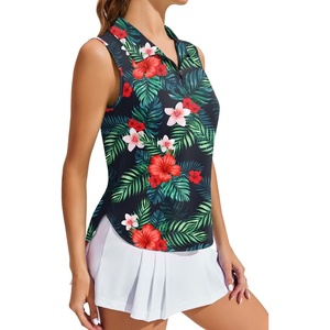 image:imagePINSPARK Women Golf Shirts Sleeveless UPF 50 Tennis Polo VNeck Quick Dry Athletic T Shirt 14 Zip Collar Workout Tank TopHawaiian Flowers