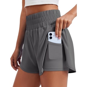 image:imagePINSPARK Womens 2 in 1 Running Shorts HighSplit Athletic Short High Waisted 3 Liner Workout Gym Short with PocketsDark Grey