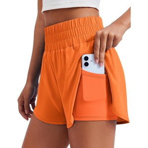 image:imagePINSPARK Womens 2 in 1 Running Shorts HighSplit Athletic Short High Waisted 3 Liner Workout Gym Short with PocketsOrange