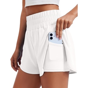 image:imagePINSPARK Womens 2 in 1 Running Shorts HighSplit Athletic Short High Waisted 3 Liner Workout Gym Short with PocketsWhite
