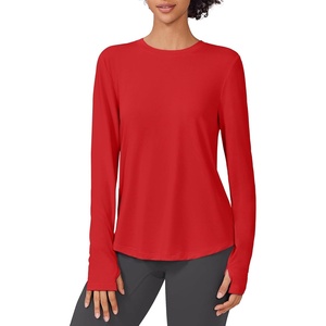 image:imagePINSPARK Soft Workout Tops for Women UPF 50 Sun Protection Shirts with Thumb Holes Quick Dry Running Hiking Rash ShirtRed